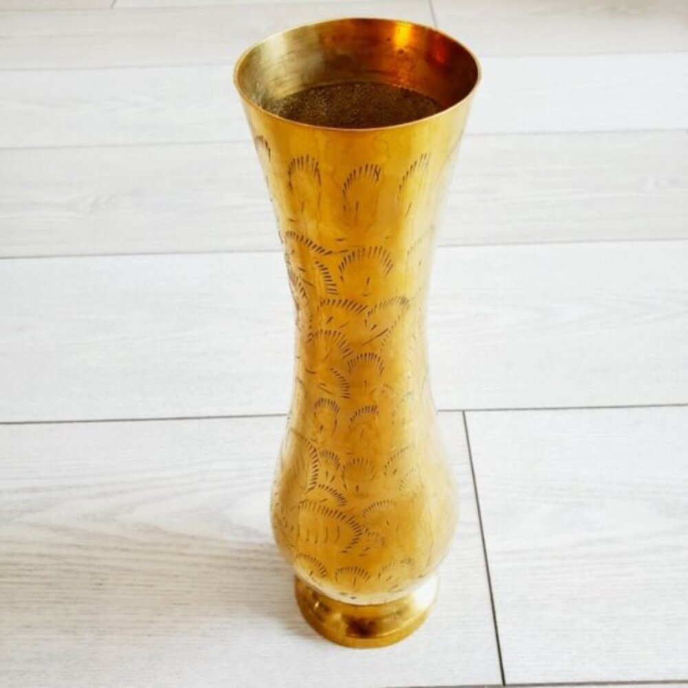 Art Deco 50s Vintage Vase Handmade Etched floral ornaments Solid Brass - Picture 2 of 8